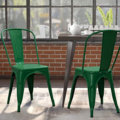 Image of Devoko Metal Indoor-Outdoor Chairs - Distressed Style Kitchen Dining Set of 4 Stackable Side Chairs with Back (Green)