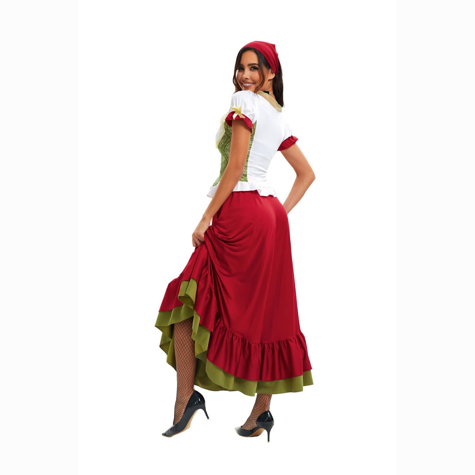 Dirndl Rot Damen Lang Dirndl Kleid Kurzarm Dirndlbluse,Schleife,Haarreif,Gürtel 5 Teilig Dirndl-Komplettsets Trachten Trachtenrock Trachtenkleid Festliches Wiesn Outfit Für Oktoberfest Karneval
