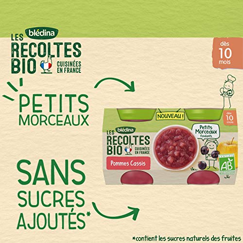 Blédina Les Récoltes Bio, Petits pots bébé Bio dès 10 Mois, Pommes Cassis Petits Morceaux, 2x130g (Lot de 2)
