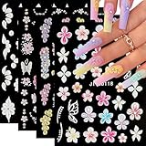 5D Flower Nail Art Stickers, 5D Embossed Pink White Flowers Nail Decals Hibiscus Small Flower Butterfly Summer Nail Art Supplies Luxurious Summer Nail Design for Women Manicure Decoration(4 Sheets)