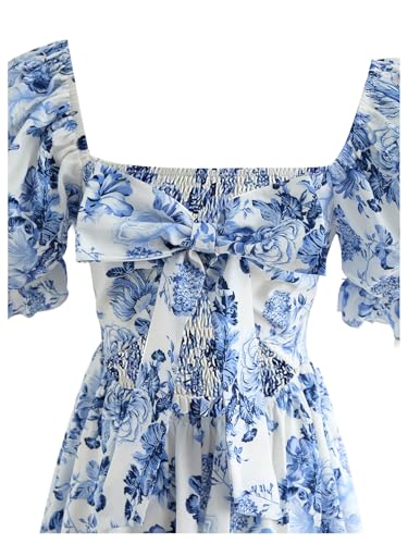 WDIRARA Girl's Floral Print Square Neck Dress Bow Knot Back Smocked Swing Dresses3