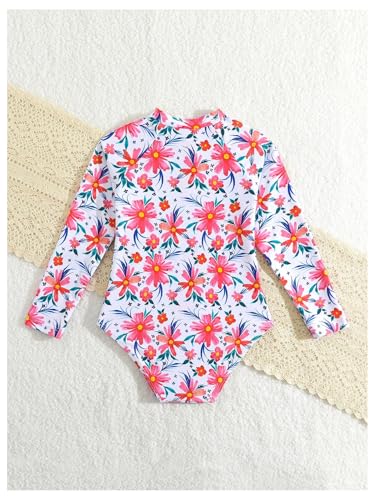 SHENHE Girl's Floral One Piece Swimsuit Long Sleeve Rash Guard Zip Up Cute Bathing Suit Swimwear Watermelon Pink 6Y2