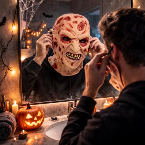Image of WANNA PARTY Halloween Freddy Kruger Burnt Face Mask Horror Scary Monster Deluxe Evil Devil Mask for Adults A Nightmare On Elm Street for Scary Creepy Cosplay Party Costumes