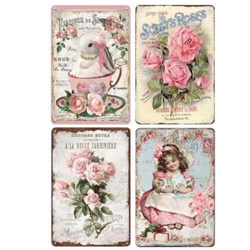 YOYI ART 4pcs Vintage Pink Roses Flowers Decor Tin Sign - French Country Shabby Chic Signs for Room, Bathroom, Kitchen, Garden, Yard Wall Decor Art, Gifts for Women and Flower Lover, 8 x 12 inch