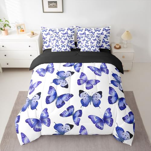 Image of Purple Butterfly 7 Pieces Bedding Set Twin Size,Dreamy Princess Bed in a Bag,Flying Butterflies Bed Set Includes Comforter,Sheet Set,Pillowcases & Pillow Covers,Watercolor Oil Painting Bedroom Decor