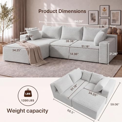 Image of Claiks 94 inch Boneless Couch, L-Shape Corduroy Modular Sectional Sofa Deep Seat,No Assembly Required, Light Grey