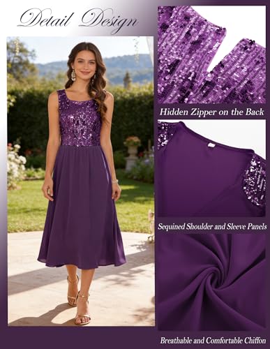Image of GRACE KARIN Formal Wedding Guest Dress Sequin Mother of The Bride Dresses | Two Piece,3 /4 Sleeve,Tea Length,Crew Neck,Fit and Flare,Chiffon,Suitable for Spring /Summer /Fall /Winter /Cocktail /Party /Prom