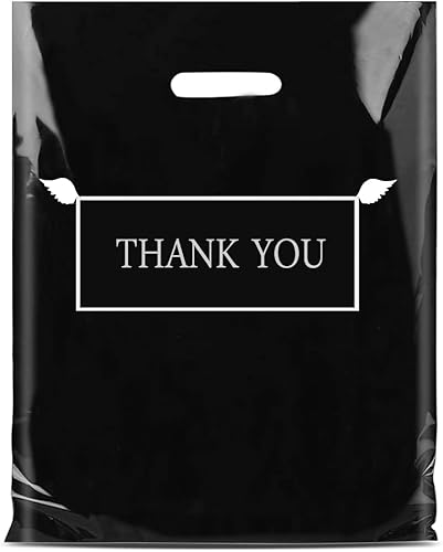 Daarcin Bolsas de mercancía con texto en inglés "Thank You", 100 bolsas de compras de 12 x 16 pulgadas, bolsas de plástico troqueladas negras de