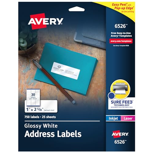 Étiquettes d'adresses Avery brillantes faciles à décoller de 2,5x6,7 cm en lot de 750