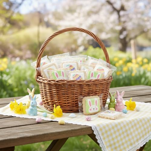 Image of Happy Easter Cookies 12 Pack Party Favors Basket Decorated | INDIVIDUALLY WRAPPED Bunny Eggs Chick Sugar Cookies | Gift Basket Peanut & Nut Free Bulk Treats Snacks