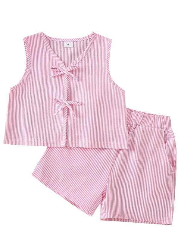 Voonlie Girls Summer Outfit 2 Piece Set for Kids Sleeveless Bow Tie Top and Elastic Waist Shorts Pink Striped Clothing Set