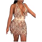 L'VOW Women's Glitter Sexy Deep V Neck Sequin Beaded Halter Bodycon Mini Club Party Dress