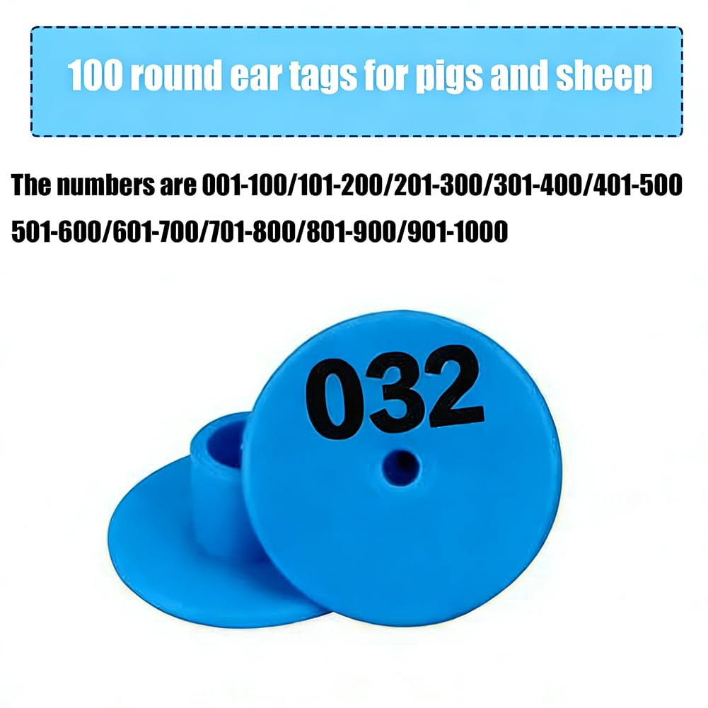 100 marche auricolari per bestiame con numeri tondi 001-1000 adatte per suini, ovini e bovini (verde/viola/rosso/bianco/giallo/blu/arancione) blu 001-100