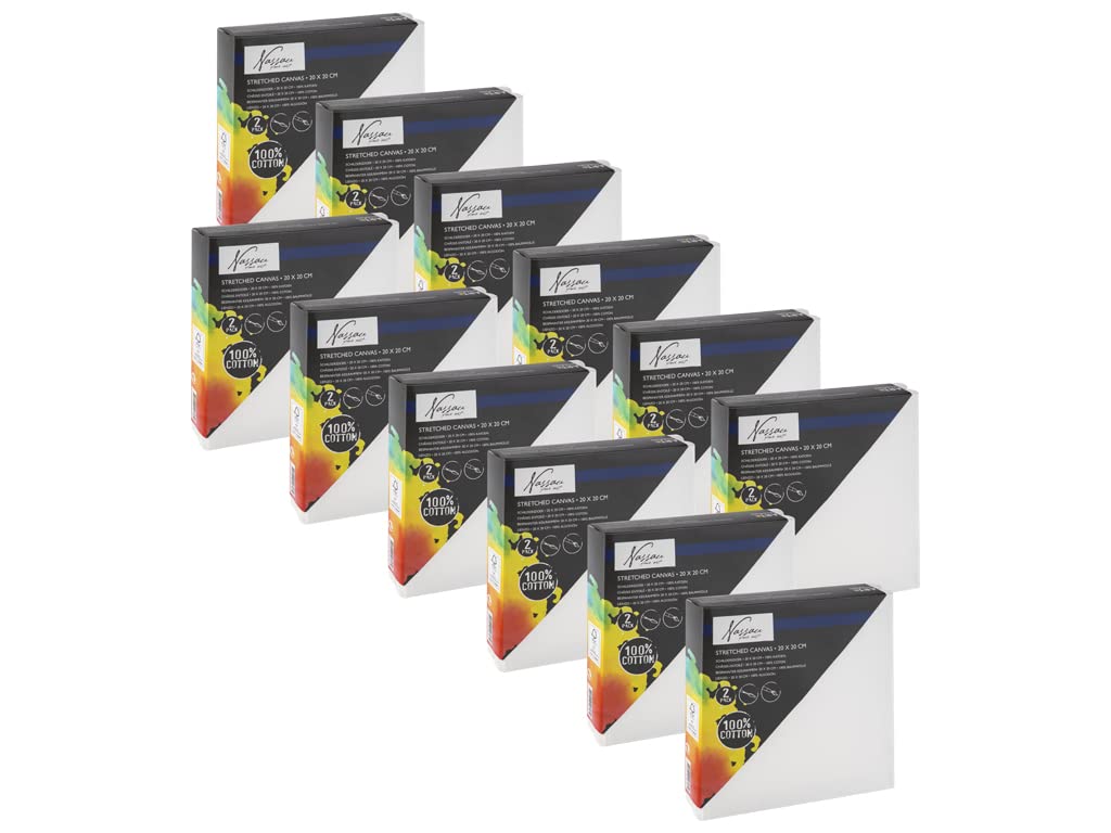 Canvas Set 24-teilig von Nassau Fine Art, quadratische Leinwand zum bemalen mit Acryl- und Ölfarben, Keilrahmen aus 100% säurefreier Baumwolle für Hobbykünstler und Experten, 20 x 20 x 1,7 cm