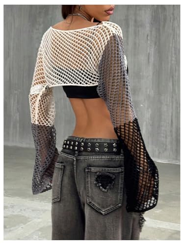 Verdusa Women's Hollow Out Color Block Sweaters Sheer Bell Sleeve Crochet Knit Crop Tops2