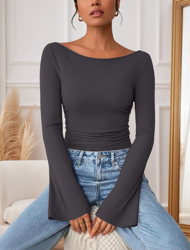 Elegancka damska koszulka z długim rękawem, dekolt w łódkę, z rękawami z dzwoneczkami, wąski top Y2K, basic, luźny sweter, slim fit, długi rękaw, jednokolorowa, z długim rękawem, na jesień