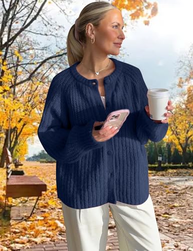 Image of COZYPOIN Women Chunky Cardigan Open Front Sweater Long Sleeve Knitted Cardigan Button Down Outerwear Knitwear Navy