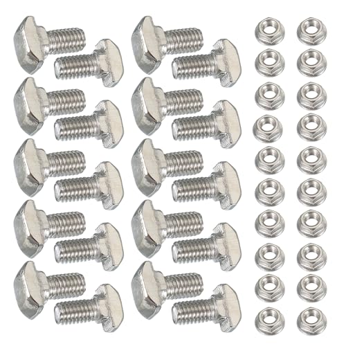 Image of PATIKIL M5 x 10 mm T-Slot Bolts, 20 Sets Drop-in Bolt Hammer Head with Hexagon Flange Nuts T-Bolt Stud Sliding Screw for 20 Series Aluminum Extrusion Profile, Silver