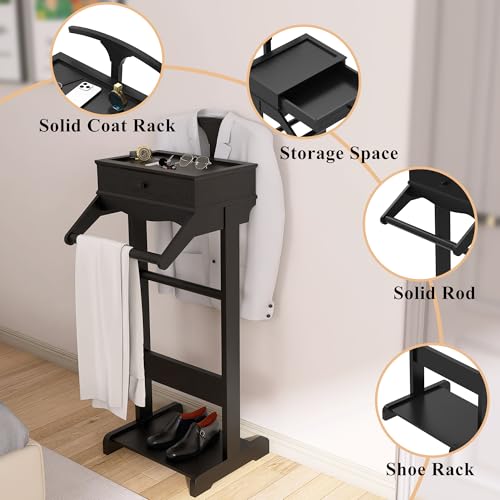 Image of Men's Valet Stand with Tray, Black Wood Clothes Stand, Freestanding Garment Rack Organizer for Enterway, Office, Bedroom