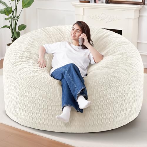 Image of HABUTWAY 6FT Bean Bag Chair,Giant Bean Bag Chairs for Adults,Big Bean Bags with Memory Foam Filled, Large Beanbag Chairs with Chevron Plush Cover-White
