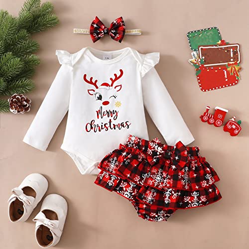 Beziun Macacão infantil para meninas, Natal, inverno, manga longa, estampa de letras, cervo, saia xa
