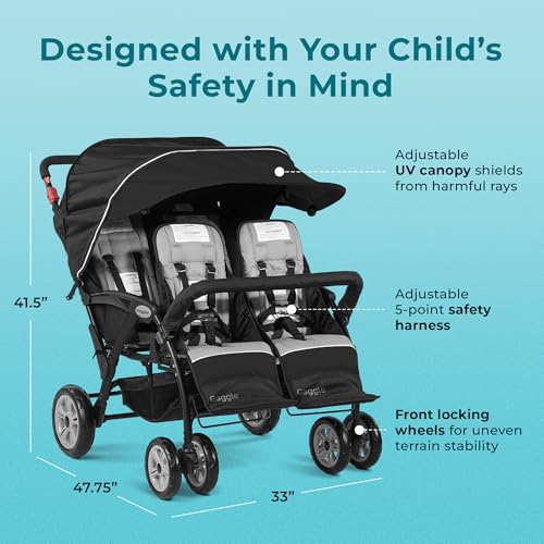 Gaggle by Foundations Compass Quad 4 Seat Stroller | 4-Seat Stroller for Daycare | Oversized UV Blocking Canopy | 5-Point Harness | Easy Loading | Storage Bucket | Black - Image 4