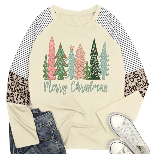 Plus Size Christmas T Shirt Women Xmas Leopard Plaid Trees Print Tees Casual Long Sleeve Holiday Shirts Top3
