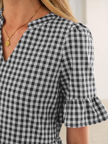 Image of Caracilia Dresses for Women Summer 2026 Striped V Neck Ruffle Sleeve A Line Tiered Flowy Casual Mini Beach Dress with Pockets