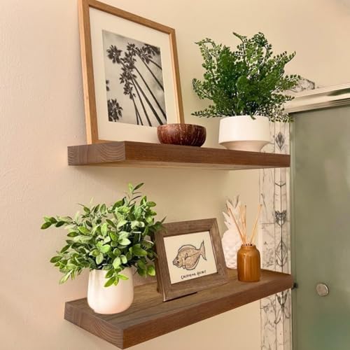 Image of IAE Walnut Floating Wall Shelves 16 inch, Bathroom Shelves Wall Mounted,Invisible Shelf Floating Kitchen Shelves,Wooden Wall Shelving with Brackets for Living Room Wall Mounted,Easy Install,Set of 2