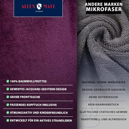 ALLEN & MATE 100% BAUMWOLLE Kinder-Strandtuch-Poncho – Übergroßer, schnelltrocknender Bademantel zum Umziehen mit Kapuze und Tasche für Jungen und Mädchen (10–13 Jahre, Lila)