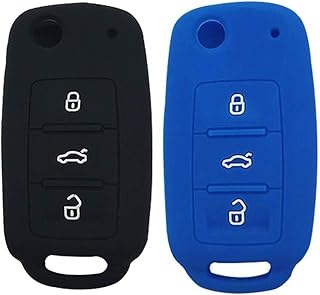 LemSa 2pcs Silicone 3 Buttons Flip Key Fob Cover Case Remote Keyless Entry Protector Holder Bag Compatible with VW Volkswagen Jetta GTI Passat Golf Tiguan Touareg Beetle, Black+Blue