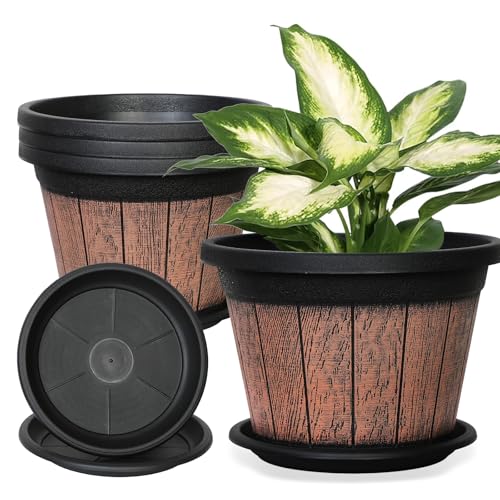 SOMYTING 3er Pflanztöpfe, Kunststoff Dekor Pflanzgefäße mit Entwässerungsloch Weinfass Design Blumentöpfe Indoor Outdoor Garten Home Blumenkübel (Runde Blumentöpfe)