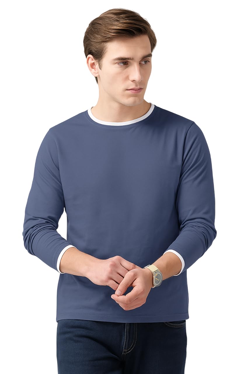 the dry state Turquoise Blue Cotton Round Neck Full Sleeve Casual T-Shirt for Men-picture-18