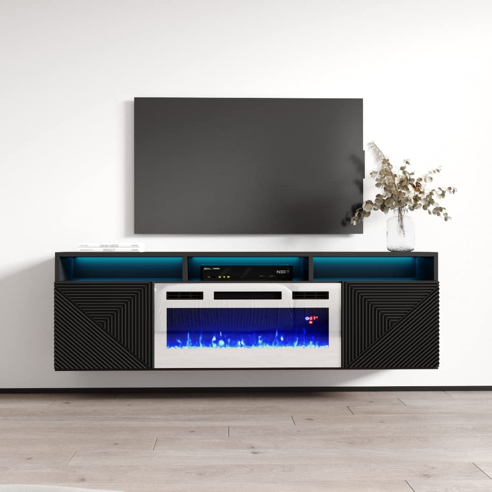 Meble Furniture Giza WH-EF 63'' Floating Fireplace TV Stand - Modern High Gloss TV Stand with Storage Cabinets - Central Entertainment Center Console Table for TVs up to 70" - Black