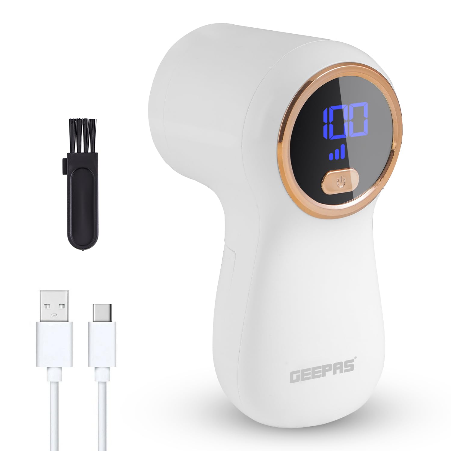 Geepas White Fabric Shaver With Digital Display | Rechargeable Lint Remover For Clothes Wool Cotton Upholstery | 9W Portable De-Bobbler Ss Blade Mesh | 2Hr Run Time Auto Shut-Off | 2 Yr Warranty