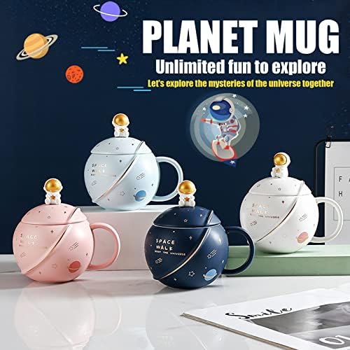 Cute Space Ceramic Mug, Kawaii Astronaut Coffee Cup, Funny Mugs with Lid and Spoon, Personalised Cups for Coffee, Tea and Milk, Mothers Day Gifts Mug, Birthday Gifts for Women/Kids, 400ML (Dark Blue)