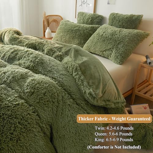 XeGe Fluffy Plush Shaggy Duvet Cover, Luxury Soft Furry Solid Color Comforter Cover, 1PC Cozy Faux Fur Bedding for Girls Women Bedroom (1 Fuzzy Quilt Cover), Zipper Closure (Twin Size, Sage Green) - Thumbnail 3