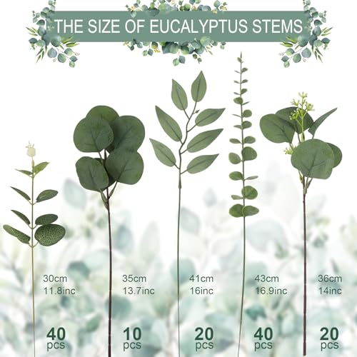lovemoon 130 Pcs Artificial Mixed EucalyptusStems Bulk, 5 Kinds of Faux GreeneryEucalyptus Leaves Bulk for Vase Wedding DIY Bouquets Floral Arrangement Home Decor (130, Green) - Image 3