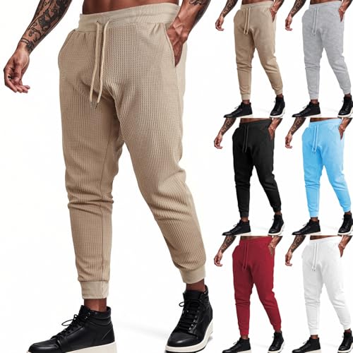 Cambkatl Men's Waffle Sweatpants Basic Solid Joggers Casual Elastic Waist Workout Lounge Pants with Pockets2