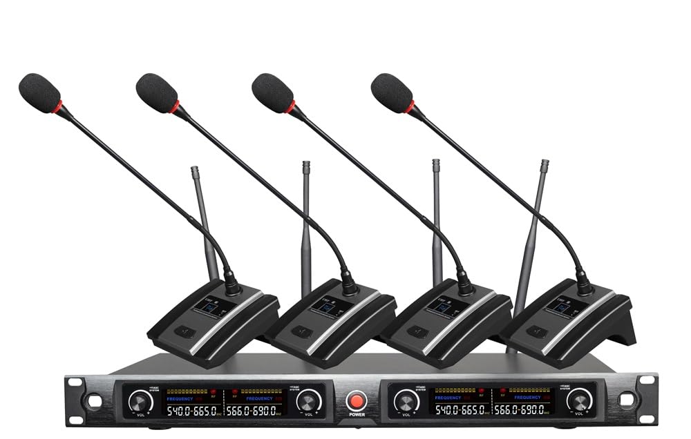 UHF 4 Channel Desktop Gooseneck Microphone System Conference Mics Super-Low Background Noise for Large Conferences, Public Speaking