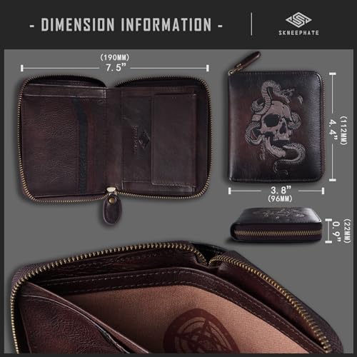 Mens Wallet Zipper,Skull Men's Leather Wallets With Coin Pocket, Multi-Functional,RFID Blocking,Gifts for Him(coffee)4