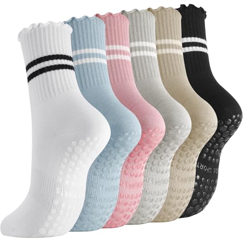 Image of Jspupifip Pilates Socks with Grips for Women, 6 Pairs Ruffle Yoga Socks Frilly Barre Non Skid Athletic Crew Grip Cotton Socks for Ballet, Dance, Workout, Fitness