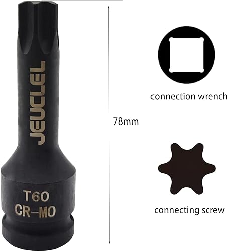 Miniatura 2 de JEUCLEL T60 Torx Star 6 Point Impact Bit Socket, T60 12-Inch Square Drive 3 Inch Long Torx Socket, Cr-Mo Acero Alargar Destornillador Adaptador