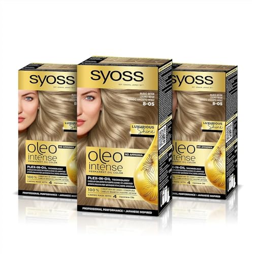 Syoss Oleo Intense - Tinte 8-05 Rubio Beige – Coloración permanente Sin Amoníaco – Cobertura profesional de canas – Resultados de peluquería (Pack De 3)