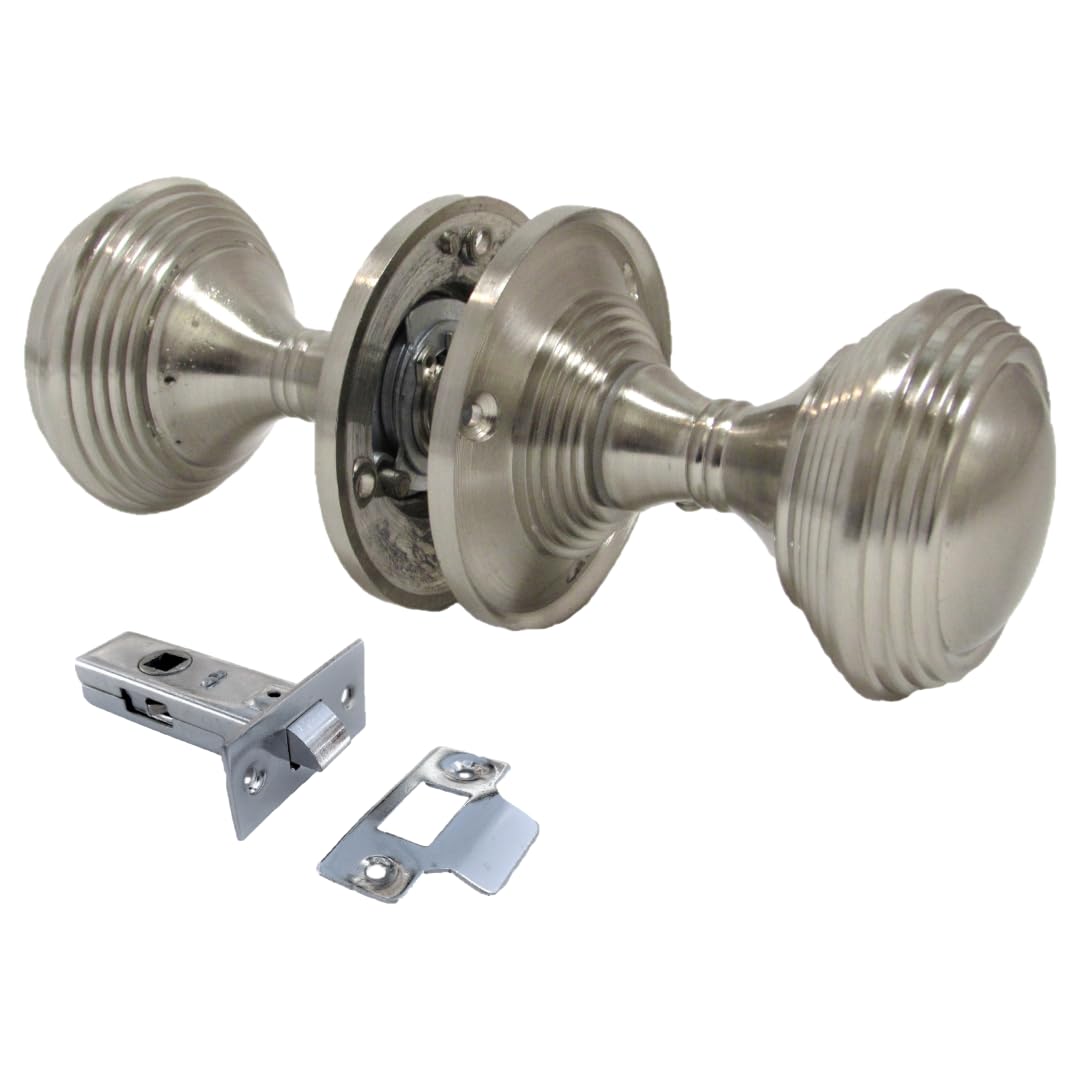 Epsom Door Handle Queen Anne Reeded Mortice Door Knobs – Pair Round Satin Chrome Interior Knobs with 64mm Rose and 58mm Knob Includes 63mm Tubular Latches