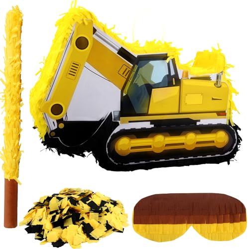 Sonarun Construction Pinata Excavator Pinata with Blindfold Bat Confetti for Kids Construction Birthday Party Supplies