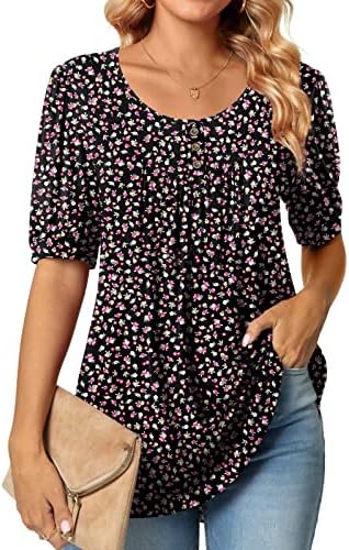 POPYOUNG 2023 Spring-Summer Women's Round Neck Puff Short Sleeve Pleated Fashion T-Shirts Loose fit Tops Casual Tunic Blouse for Leggings XL,Floral-Black