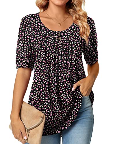 Popyoung 2023 Spring-Summer Women's Round Neck Puff Short Sleeve Pleated Fashion T-Shirts Loose Fit Tops Casual Tunic Blouse For Leggings Xl,Floral-Black #TOP9