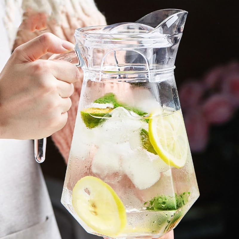 Image of Wringo Premium Diamond Glass Water Jug - 1.8 LTR, Transparent, Hot Cold Water Glass Pitcher with Lid Water Jug, Iced Tea, Milk and Juice Beverage Carafe, Lemon Jug 1800ML (WQ-15)