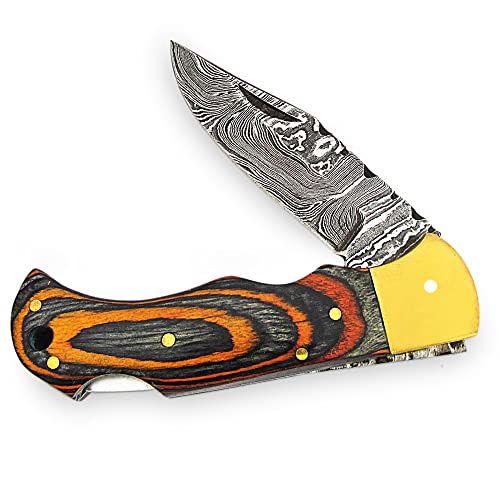 Damascus Folding Knife - Handmade Damascus Steel - Damascus Pocket Knife - 6.5 Inches Dollar Sheet Handle, Baat-4002